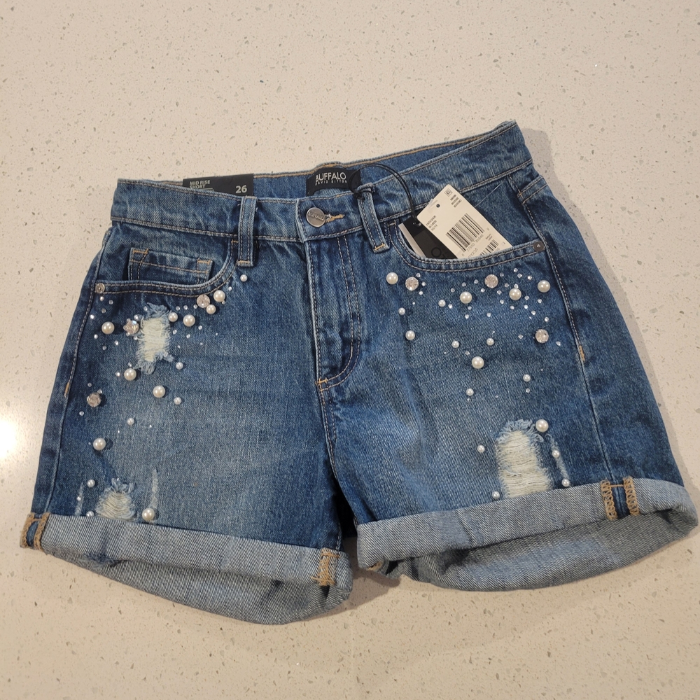 Blue Denim Women's Shorts with Pearl Accents